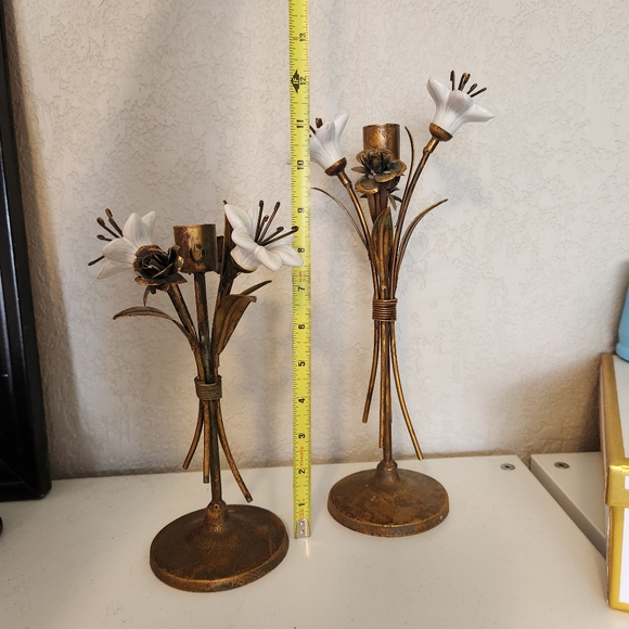 Vintage Brass & Porcelain Hollywood Regency Ceramic Candlestick Holder Set - Picture 7 of 7